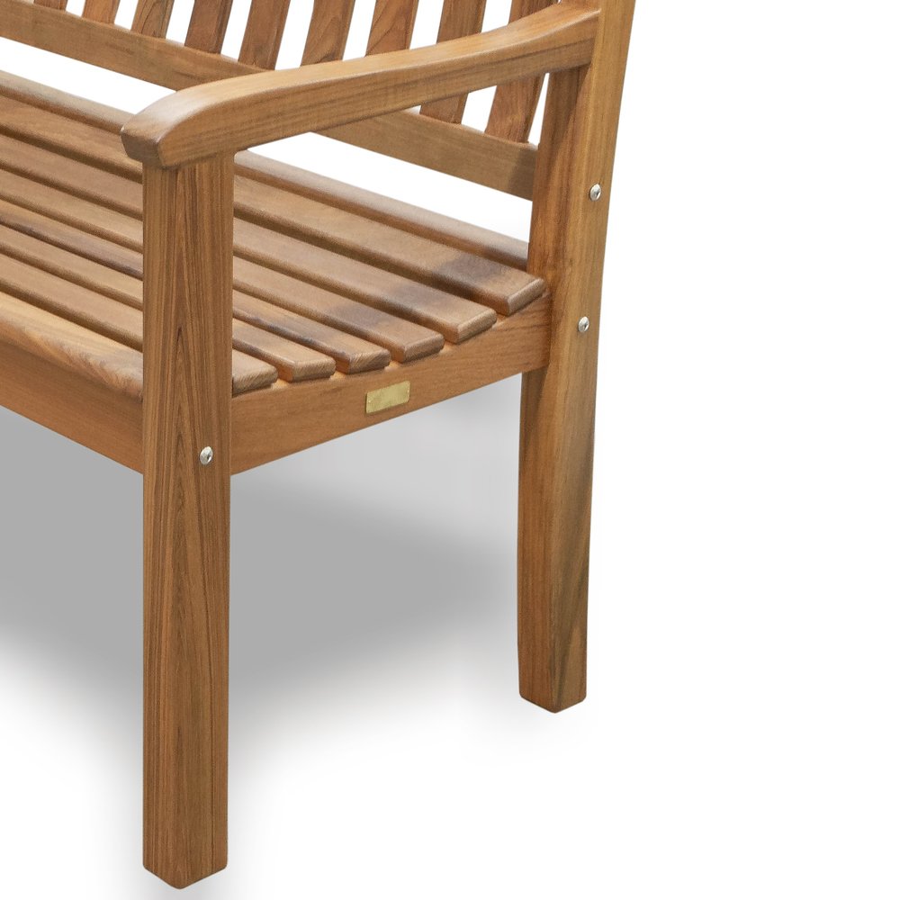 60" Teak Solid Wood Garden Bench. Outdoor benche isolated on a plain white background, finished in brown wood.