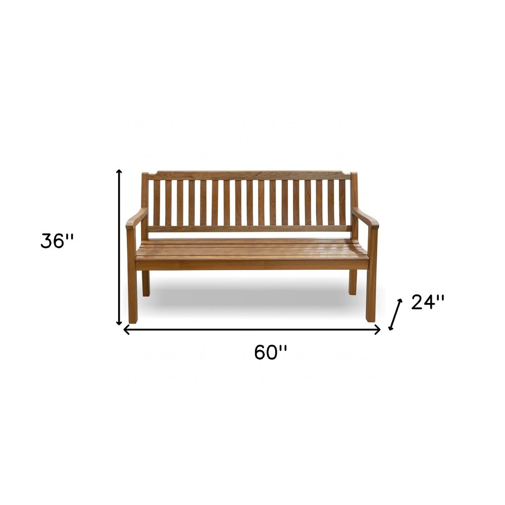 60" Teak Solid Wood Garden Bench. Outdoor benche isolated on a plain white background, finished in brown wood.