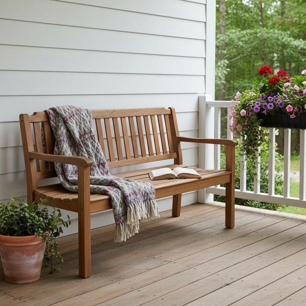 60" Teak Solid Wood Garden Bench shown outdoors on a patio with greenery in brown wood.