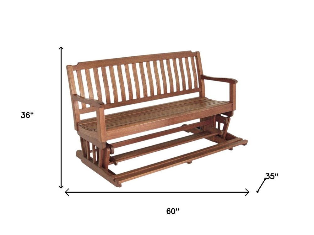60" Brown Solid Teak Outdoor Glider Bench. Outdoor benche isolated on a plain white background, in a brown teak finish.
