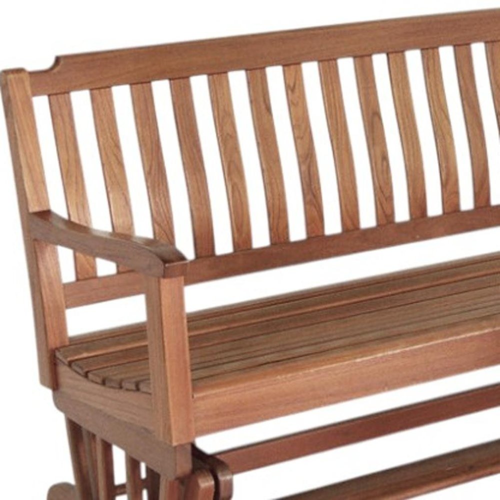 60" Brown Solid Teak Outdoor Glider Bench. Outdoor benche isolated on a plain white background, finished in brown teak.