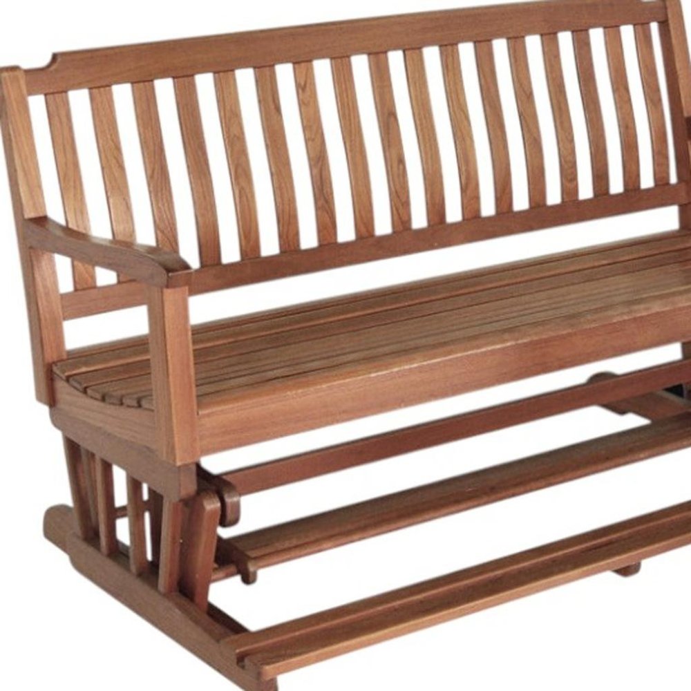 60" Brown Solid Teak Outdoor Glider Bench. Outdoor benche isolated on a plain white background, showing a brown teak surface.