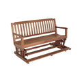 Brown solid teak outdoor glider bench with slatted seat and back, on a white background.