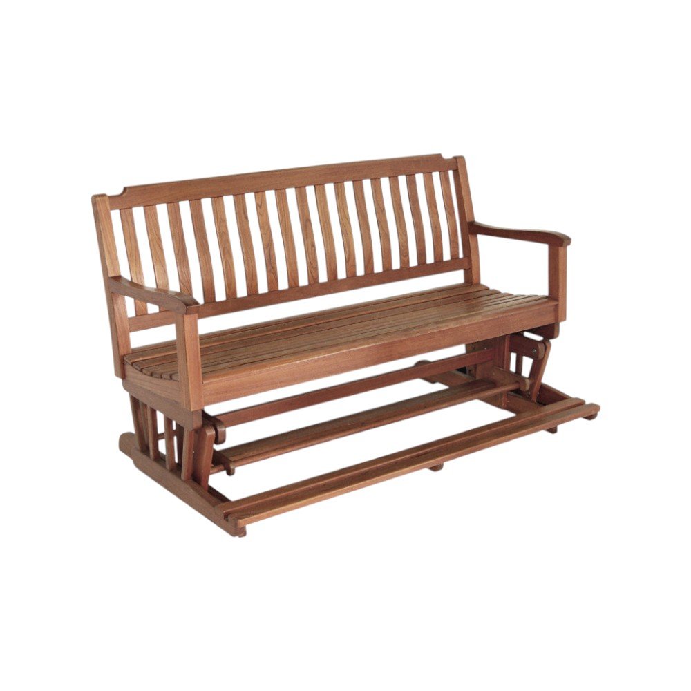 Brown solid teak outdoor glider bench with slatted seat and back, on a white background.