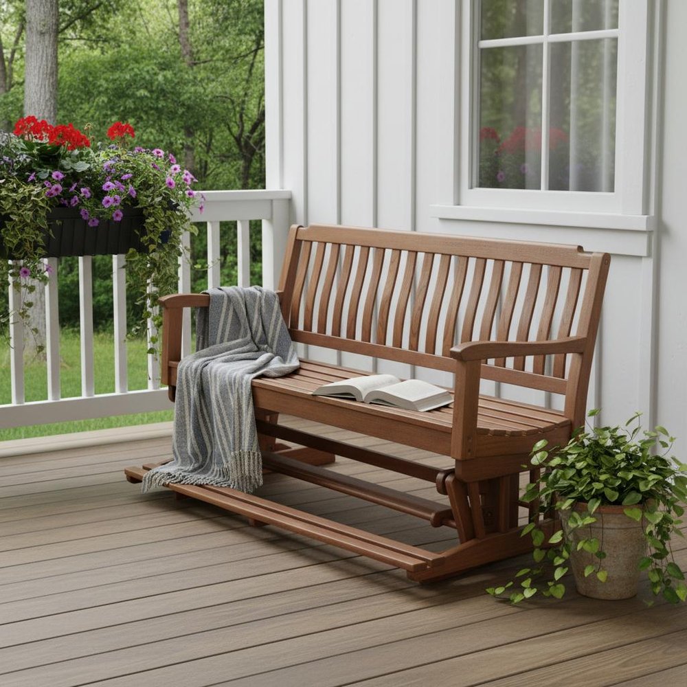 60" Brown Solid Teak Outdoor Glider Bench shown outdoors on a patio with greenery.