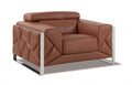 Brown Italian leather armchair with silver metal frame and geometric stitching, on a white background.