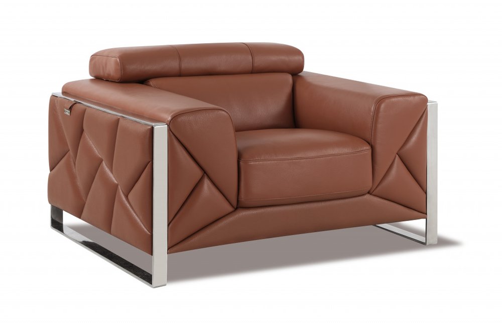 Brown Italian leather armchair with silver metal frame and geometric stitching, on a white background.