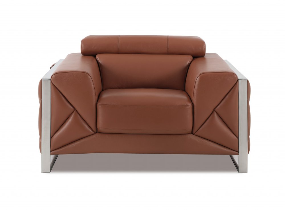 48" Camel And Silver Italian Leather Arm Chair - 35" H x 48" W x 43" D