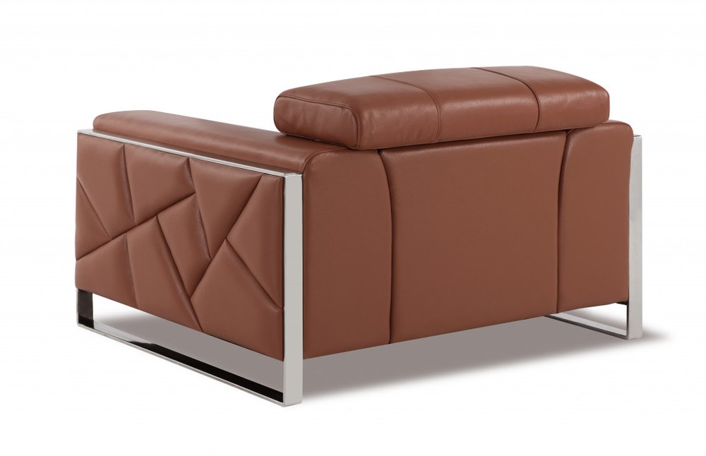48" Camel And Silver Italian Leather Arm Chair - 35" H x 48" W x 43" D