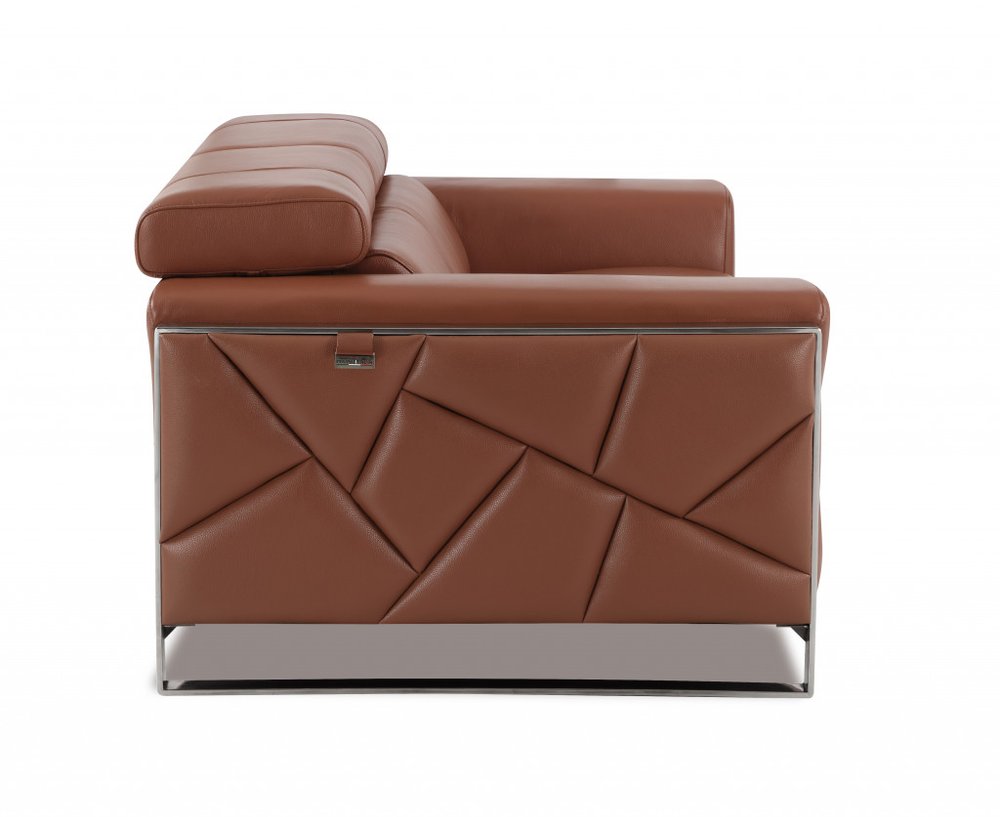 48" Camel And Silver Italian Leather Arm Chair - 35" H x 48" W x 43" D. Accent chair isolated on a plain white background, finished in camel leather.