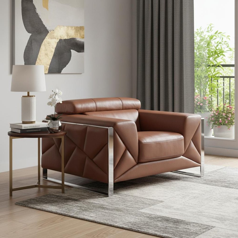 48" Camel And Silver Italian Leather Arm Chair - 35" H x 48" W x 43" D styled in a furnished interior on a wood floor against a light gray wall.