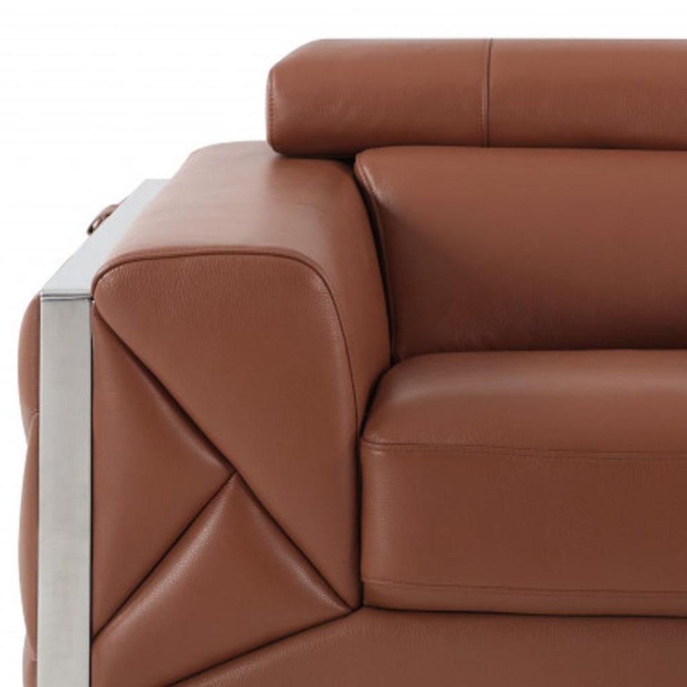 48" Camel And Silver Italian Leather Arm Chair - 35" H x 48" W x 43" D