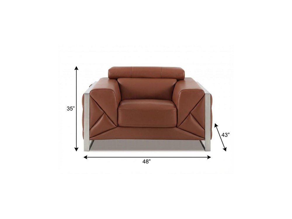 48" Camel And Silver Italian Leather Arm Chair - 35" H x 48" W x 43" D. Accent chair isolated on a plain white background, in a silver leather finish.