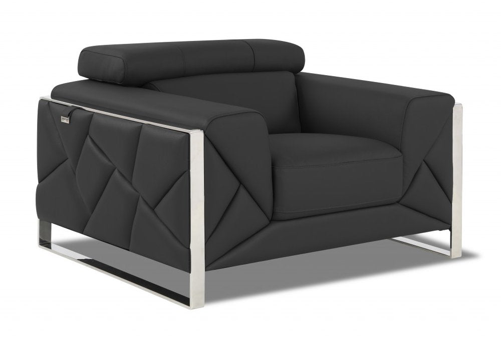 48" Camel And Silver Italian Leather Arm Chair - 35" H x 48" W x 43" D. Accent chair isolated on a plain white background, in a silver leather finish.