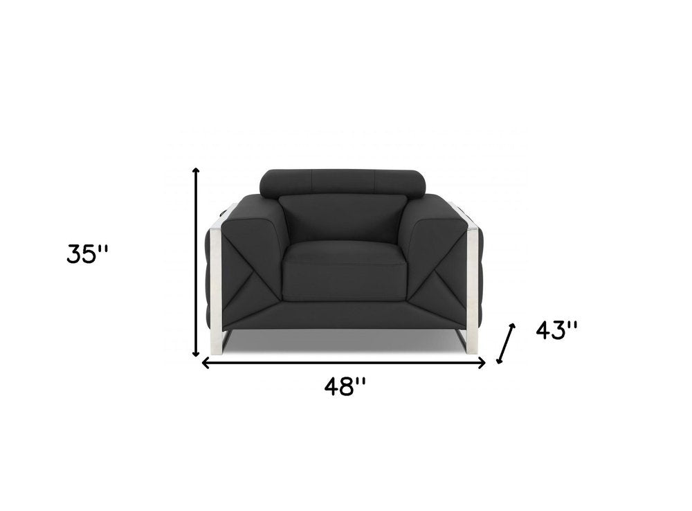 48" Camel And Silver Italian Leather Arm Chair - 35" H x 48" W x 43" D. Accent chair isolated on a plain white background, showing a silver leather surface.