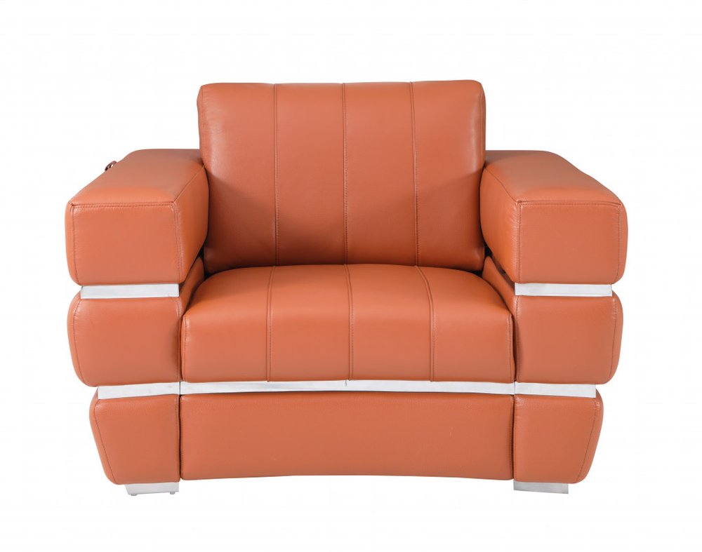 Orange Italian leather armchair with silver accents on a white background.