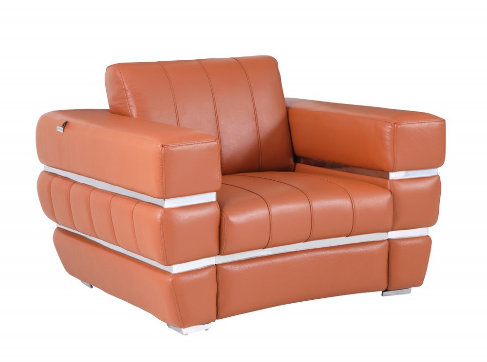 48" Camel And Silver Italian Leather Arm Chair - 35" H x 48" W x 44" D