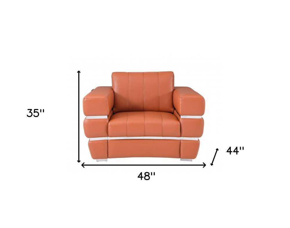 48" Camel And Silver Italian Leather Arm Chair - 35" H x 48" W x 44" D