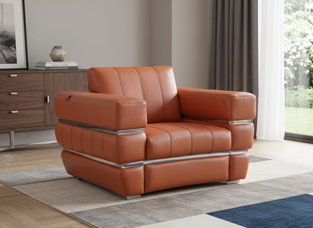 48" White Italian Leather Arm Chair styled in a furnished interior on a tiled floor against a light gray wall.