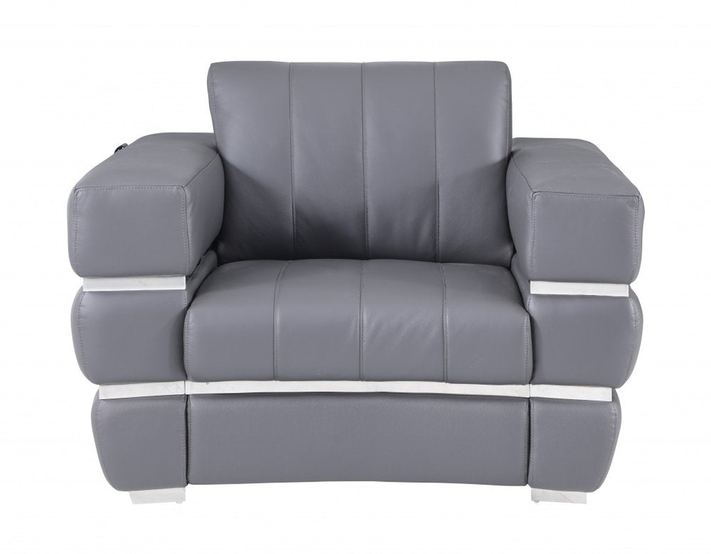 48" Camel And Silver Italian Leather Arm Chair - 35" H x 48" W x 44" D