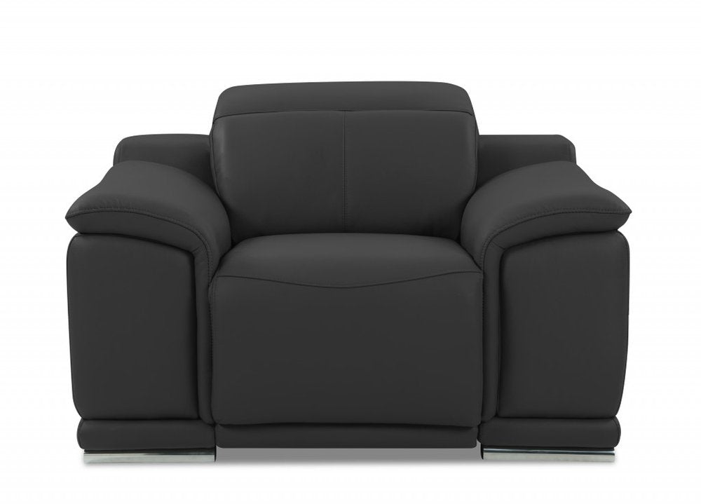 48" Dark Slate Gray And White Italian Leather Arm Chair. Accent chair isolated on a plain white background, finished in gray leather.