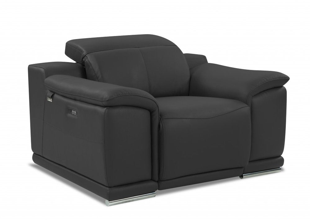 48" Dark Slate Gray And White Italian Leather Arm Chair. Accent chair isolated on a plain white background, showing a gray leather surface.