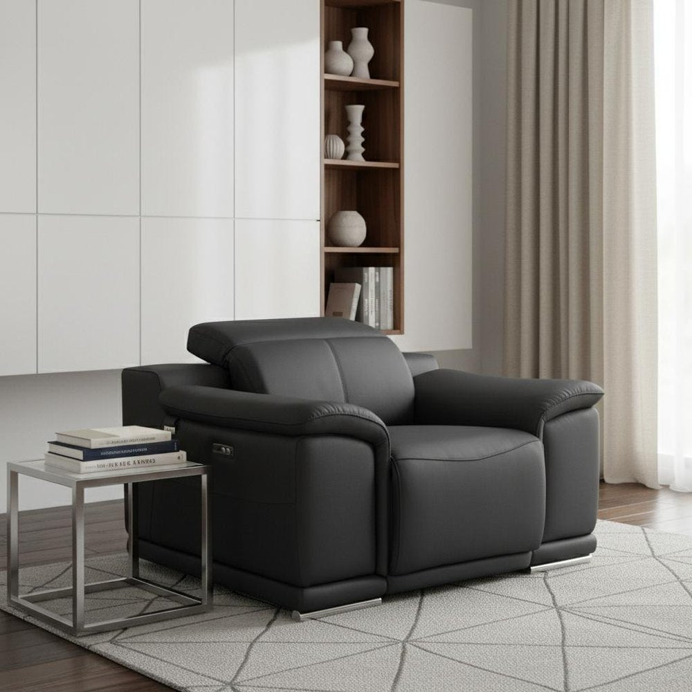 48" Dark Slate Gray And White Italian Leather Arm Chair. Accent chair in gray leather.