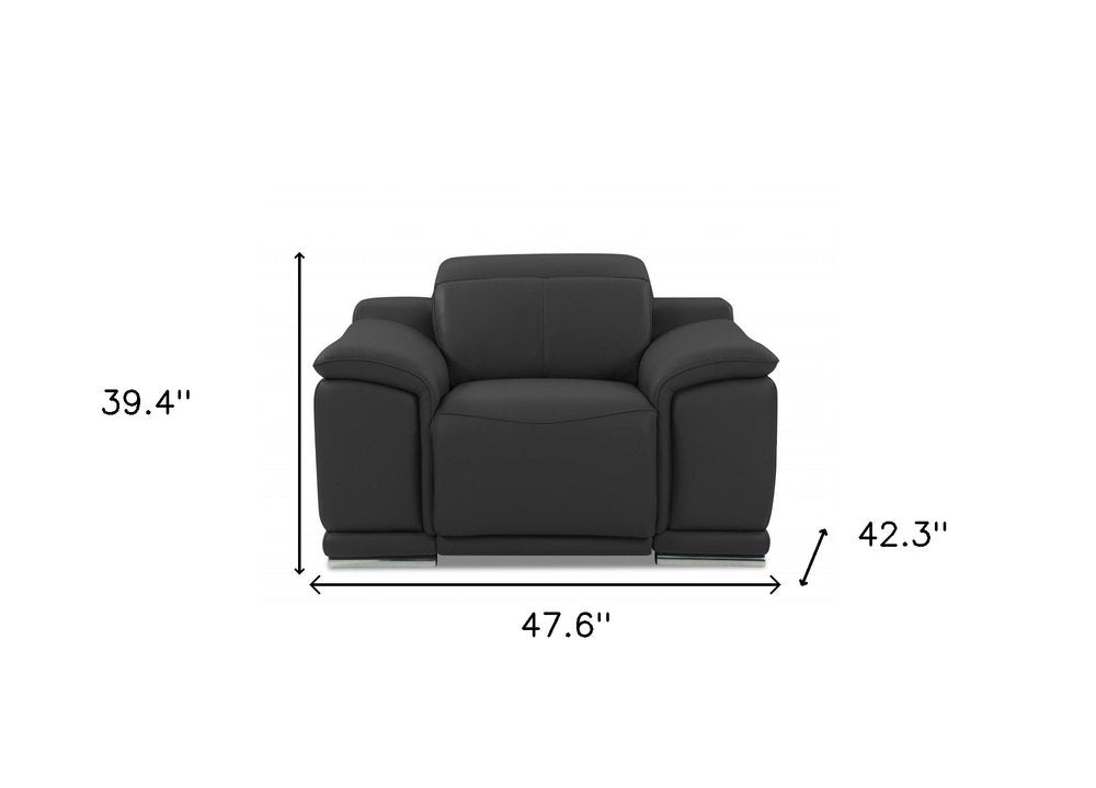 48" Dark Slate Gray And White Italian Leather Arm Chair. Accent chair isolated on a plain white background, finished in gray leather.