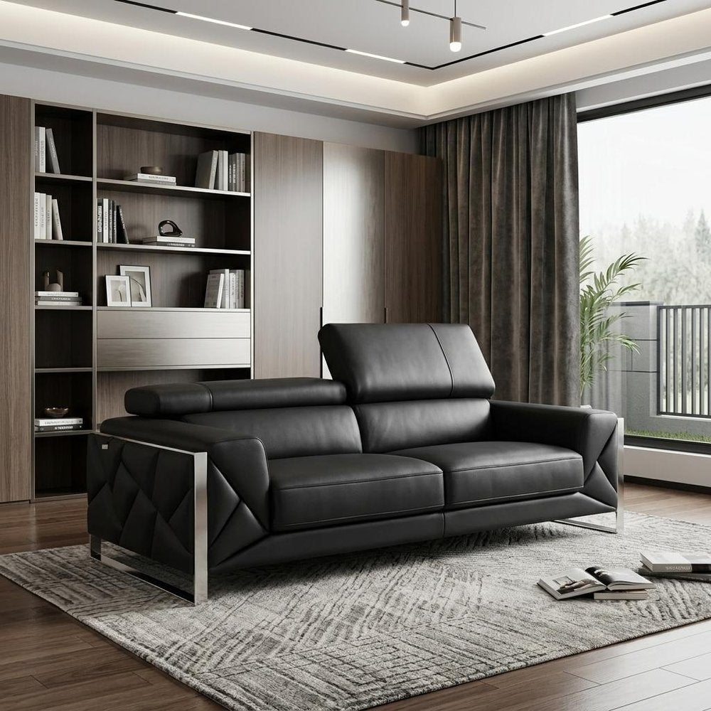 89" Camel Italian Leather Sofa With Silver Legs in a home interior