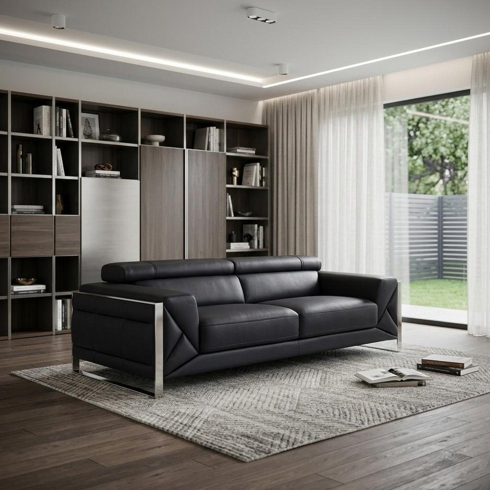 89" Camel Italian Leather Sofa With Silver Legs in a home interior