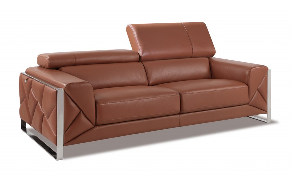 89" Camel Italian Leather Sofa With Silver Legs on a white background