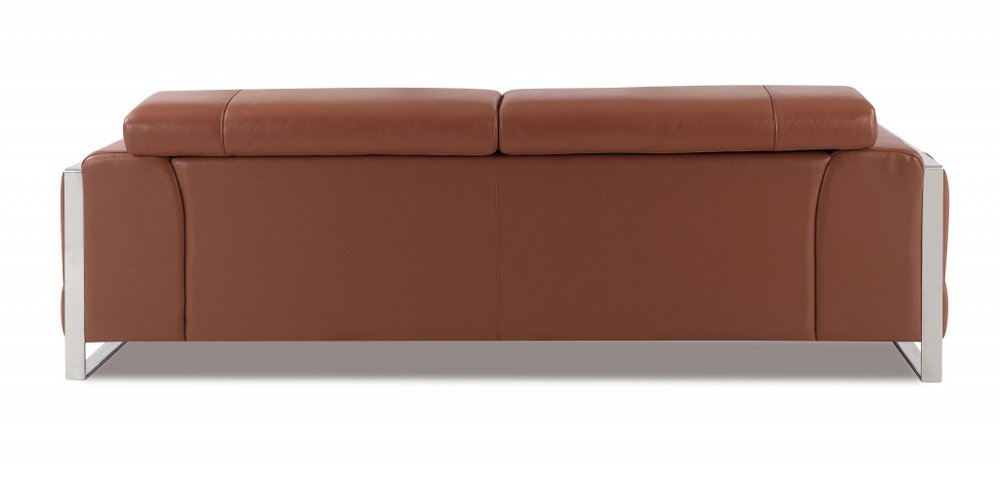 89" Camel Italian Leather Sofa With Silver Legs on a white background