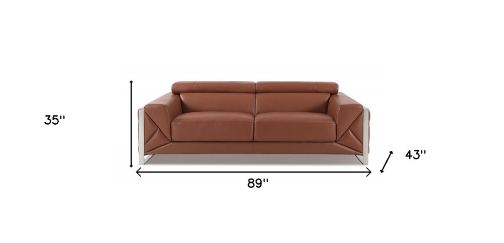 89" Camel Italian Leather Sofa With Silver Legs on a white background