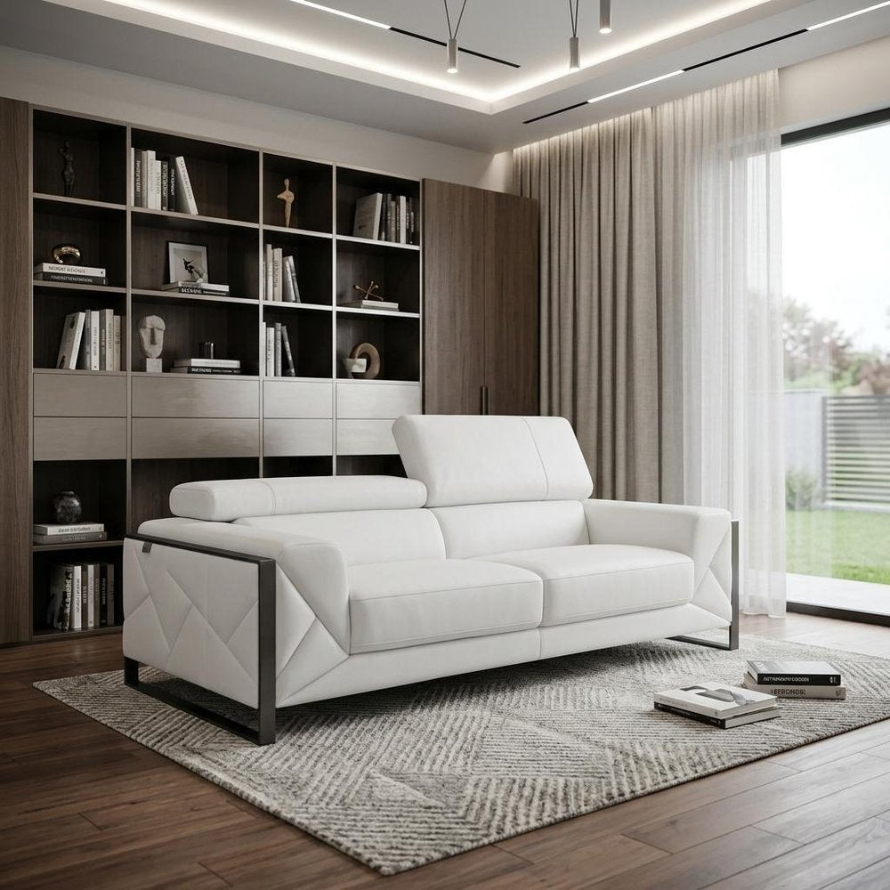 89" Light Blue Italian Leather Sofa With Chrome Legs