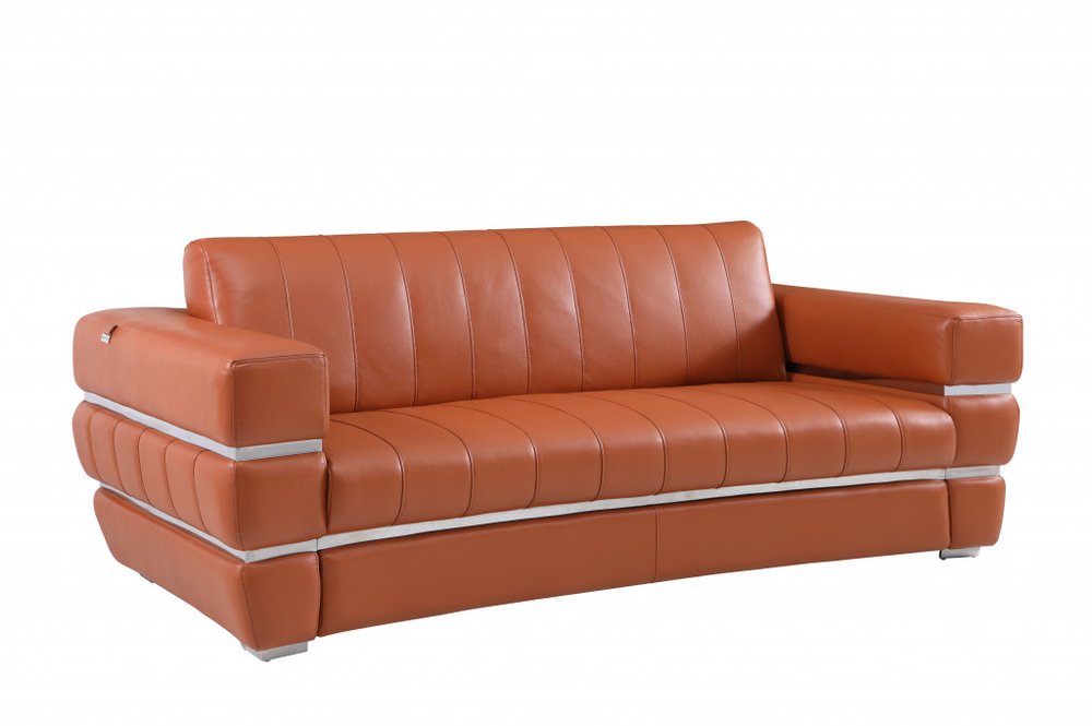 89" White Italian Leather Sofa With Silver Legs on a white background