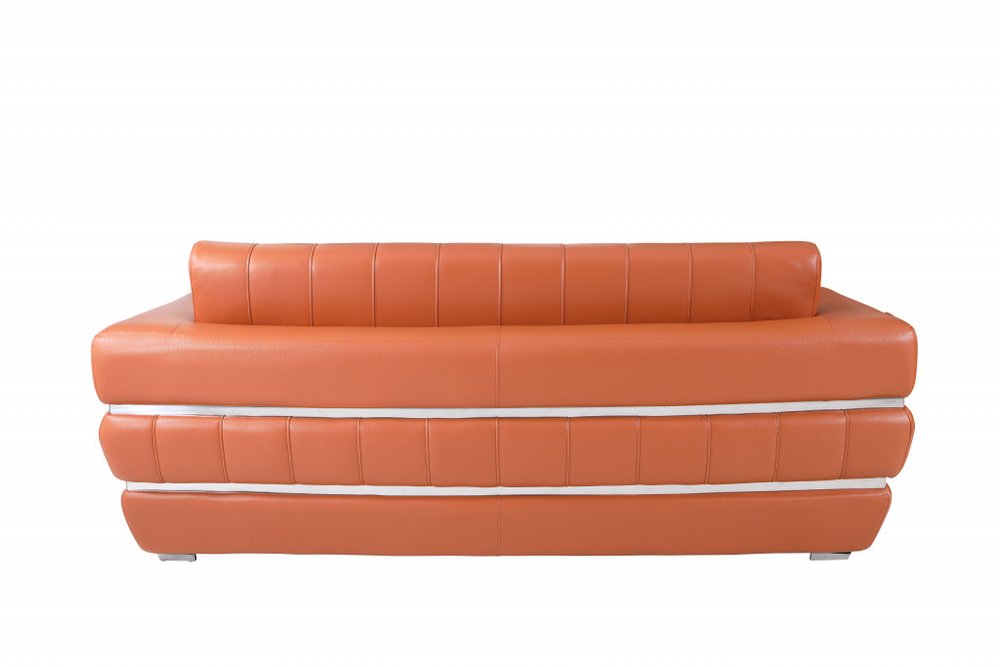89" White Italian Leather Sofa With Silver Legs on a white background