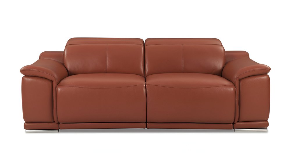86" White Italian Leather USB Reclining Sofa With Silver Legs on a white background