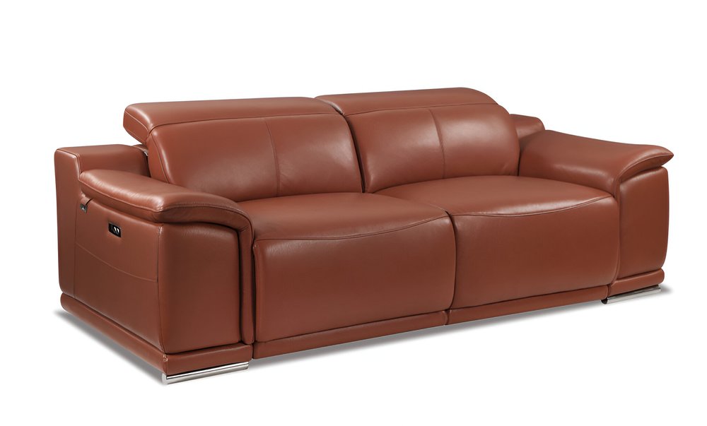 86" White Italian Leather USB Reclining Sofa With Silver Legs on a white background