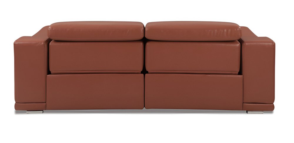 86" White Italian Leather USB Reclining Sofa With Silver Legs on a white background