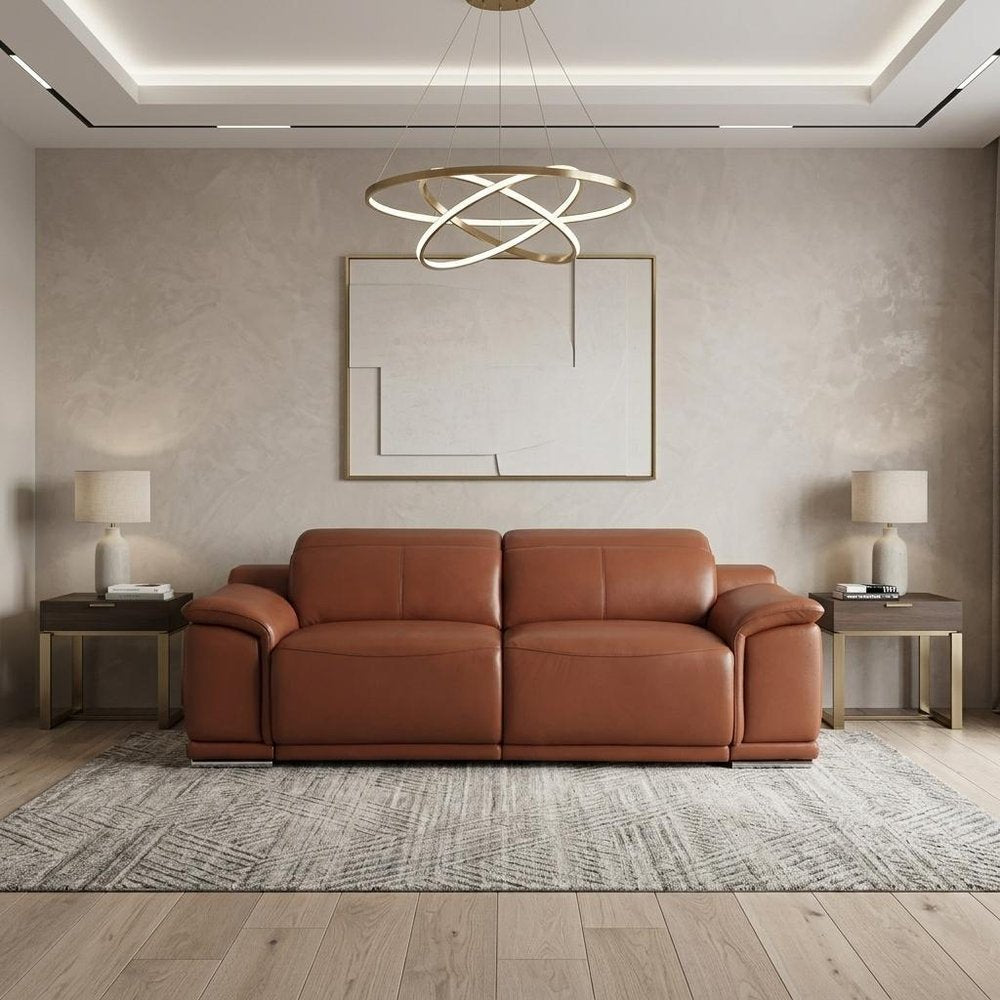 86" Camel Italian Leather USB Reclining Sofa With Silver Legs