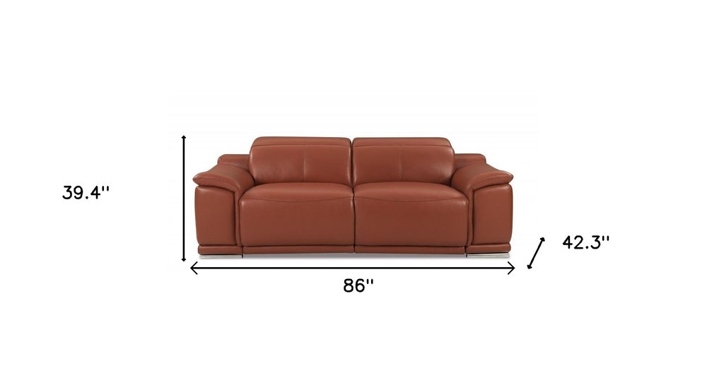 86" White Italian Leather USB Reclining Sofa With Silver Legs on a white background