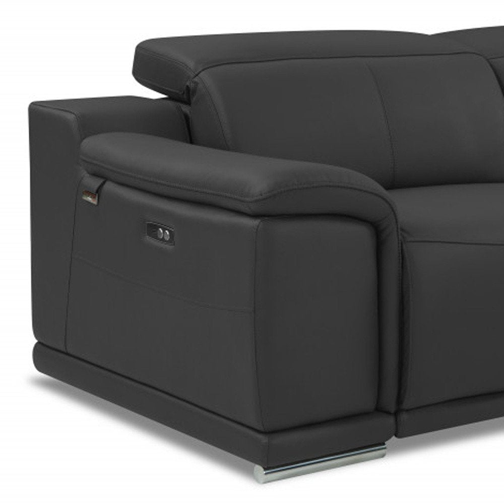 86" Camel Italian Leather USB Reclining Sofa With Silver Legs