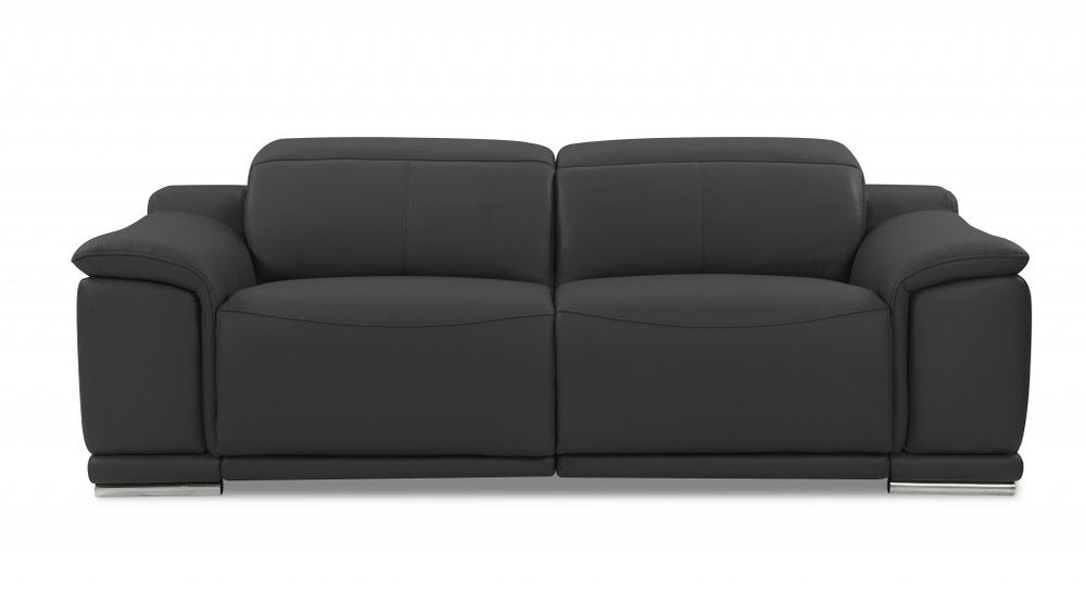86" Camel Italian Leather USB Reclining Sofa With Silver Legs