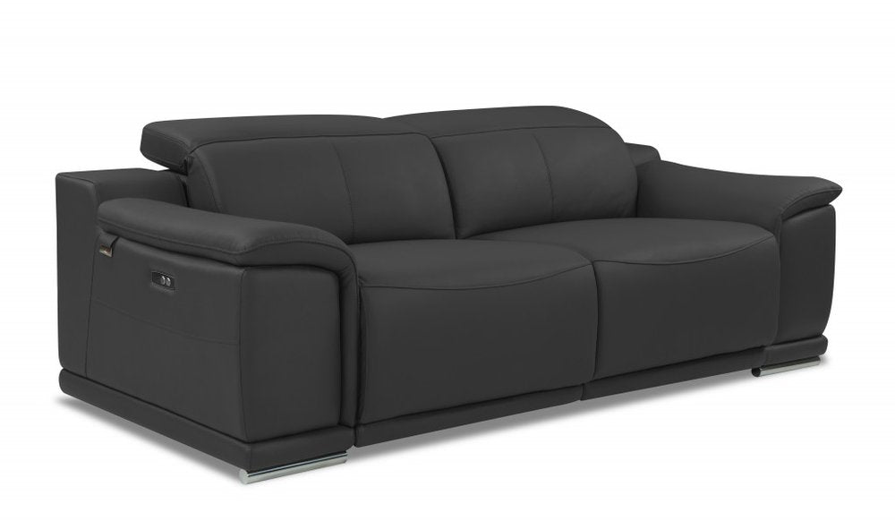 86" Camel Italian Leather USB Reclining Sofa With Silver Legs