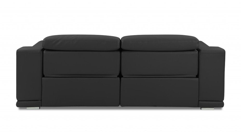 86" Camel Italian Leather USB Reclining Sofa With Silver Legs