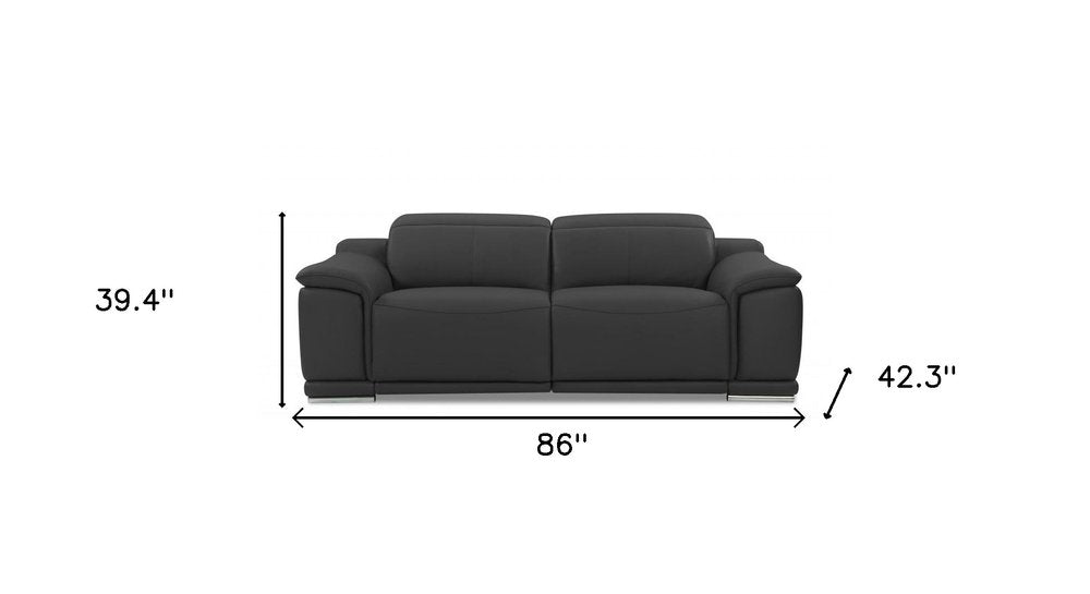86" Camel Italian Leather USB Reclining Sofa With Silver Legs