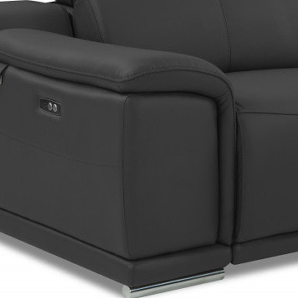 86" Camel Italian Leather USB Reclining Sofa With Silver Legs