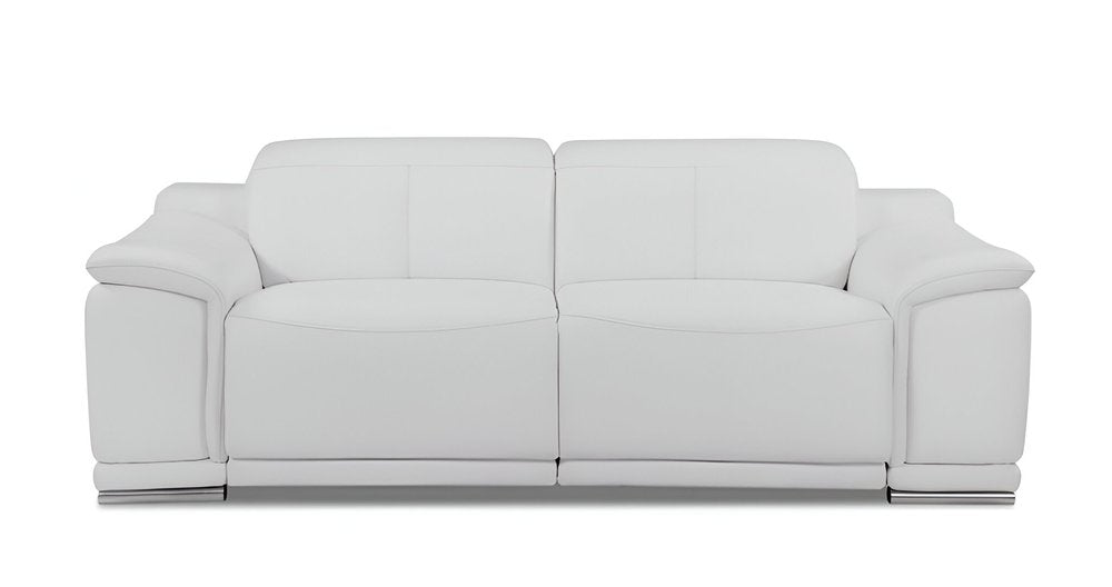 86" Camel Italian Leather USB Reclining Sofa With Silver Legs