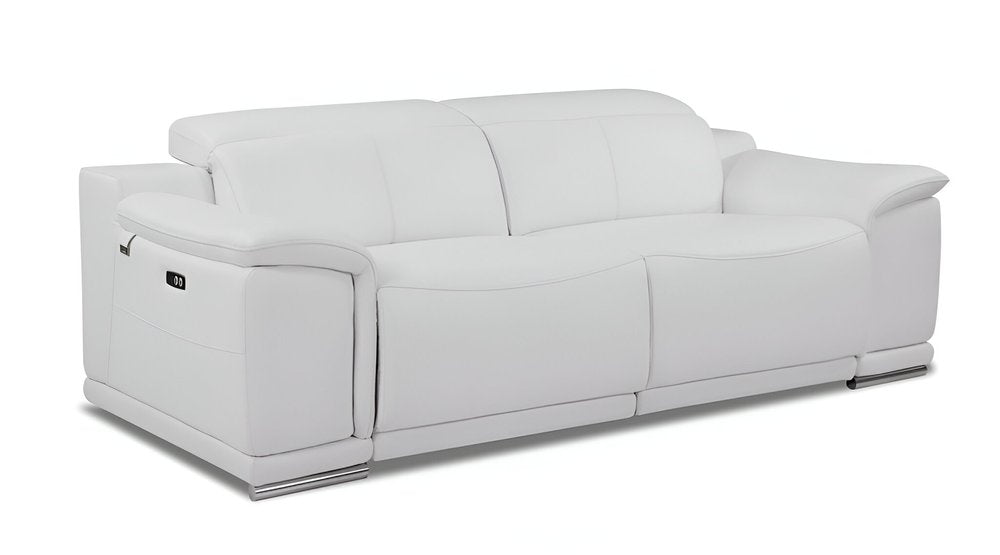 86" Camel Italian Leather USB Reclining Sofa With Silver Legs