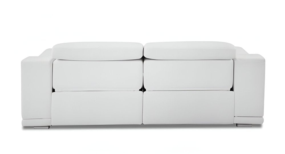 86" Camel Italian Leather USB Reclining Sofa With Silver Legs